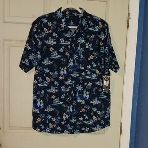 Ron Jon Navy Tropical Print Short-Sleeve Button-Down Shirt